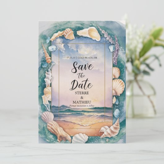 Save The Date Mariage rustique de plage de sable (Debout devant)