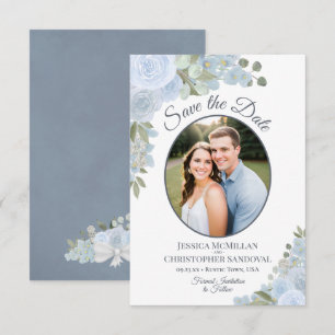 Save The Date Mariage Rustique de Roses Aquarelles Bleu Poussiér