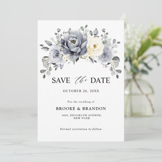 Save The Date Mariage rustique d'hiver gris argenté et floral iv (Debout devant)