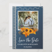 Save The Date Mariage rustique Dusty Blue Sunflower & dentelle (Devant)