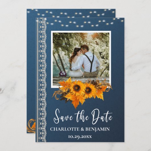 Save The Date Mariage rustique Dusty Blue Sunflower & dentelle (Devant / Derrière)