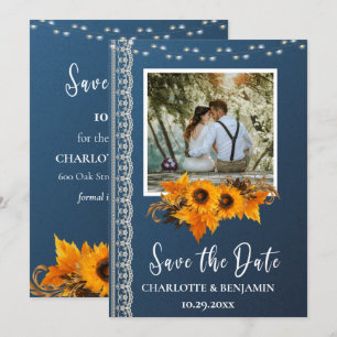 Save The Date Mariage rustique Dusty Blue Sunflower & dentelle