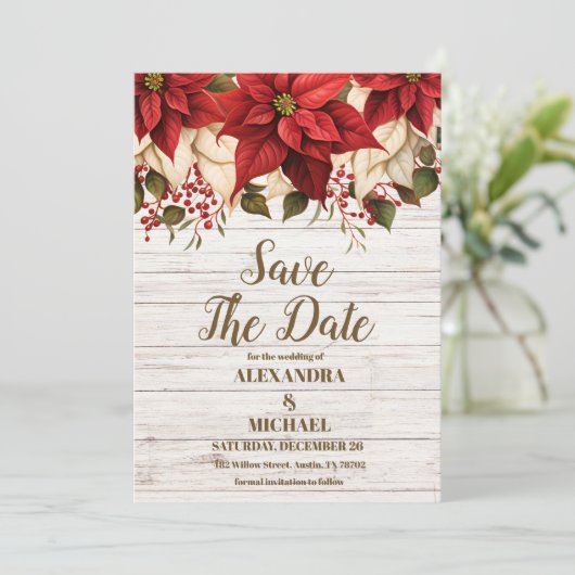 Save The Date Mariage Rustique en bois blanc Poinsettia (Debout devant)