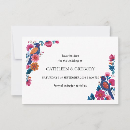 Save The Date Mariage rustique ethnique oiseaux et fleurs (Devant)