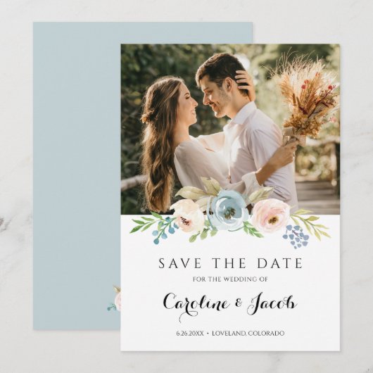 Save The Date Mariage rustique floral Bleu poussiéreux et rose b (Devant / Derrière)