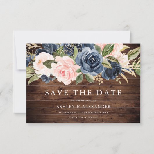 Save The Date Mariage rustique moderne bleu marine et blush tout (Devant)