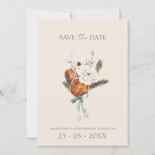Save The Date Mariage Rustique Orange Slices Fleurs blanches (Devant)