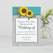 Save The Date Mariage rustique Tournesol Gris sarcelle Bois Chic (Debout devant)