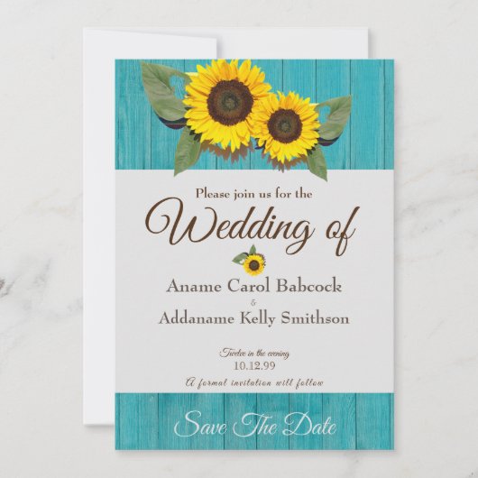 Save The Date Mariage Rustique Tournesol Sarcelle Gris Bois Chic (Devant)
