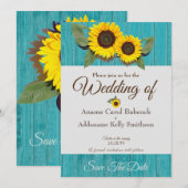 Save The Date Mariage Rustique Tournesol Sarcelle Gris Bois Chic (Devant / Derrière)