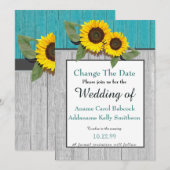 Save The Date Mariage rustique Tournesol sarcelle gris bois chic (Devant / Derrière)