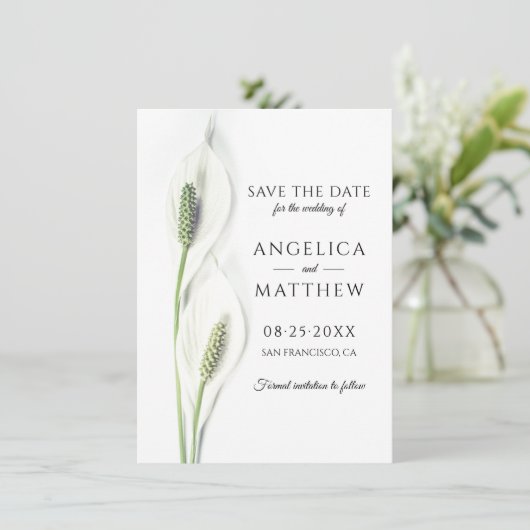 Save The Date Mariage Sauvez la date Blanc Paix Calla Lily (Debout devant)