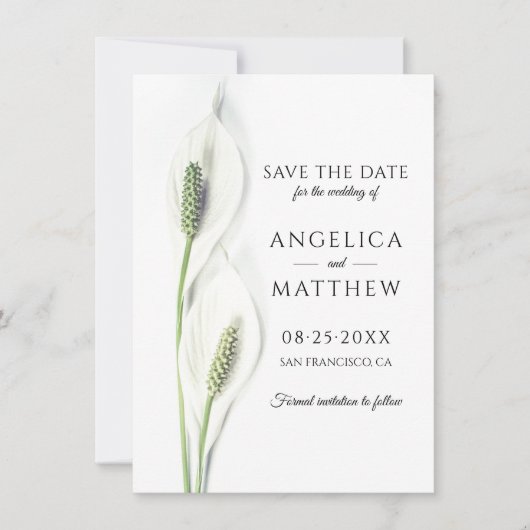 Save The Date Mariage Sauvez la date Blanc Paix Calla Lily (Devant)