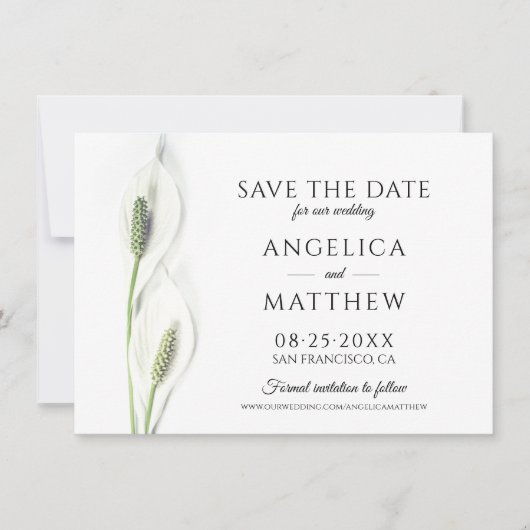 Save The Date Mariage Sauvez la date Blanc Paix Calla Lily (Devant)