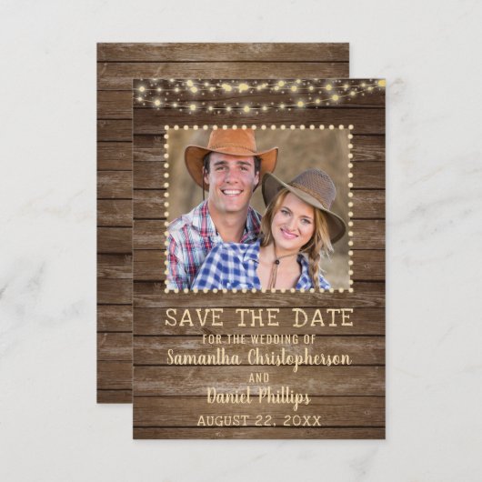 Save The Date Mariage Sauvez la date Lumières en bois rustique P (Devant / Derrière)