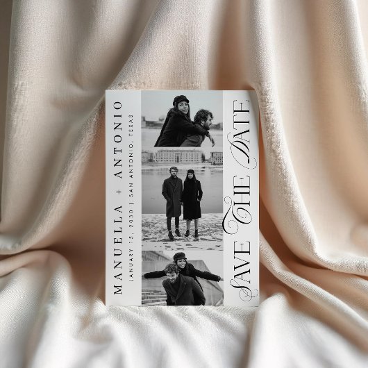 Save The Date Mariage Script Moderne 3 Photos Noir et Blanc