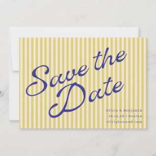 Save The Date Mariage Script Rayure Rétro Bleu Jaune Côtiers