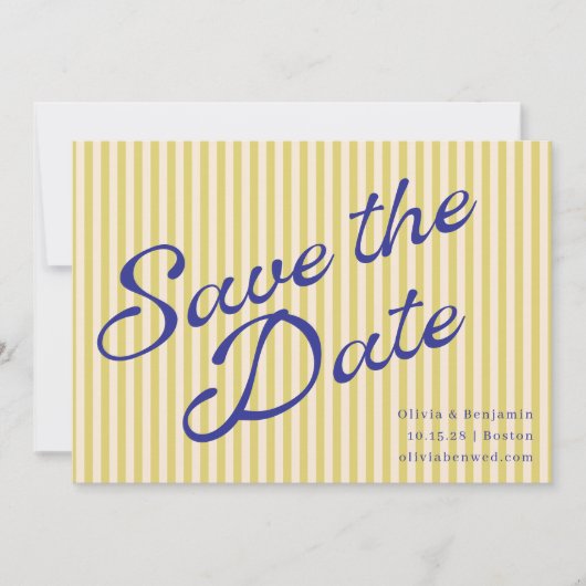 Save The Date Mariage Script Rayure Rétro Bleu Jaune Côtiers (Devant)