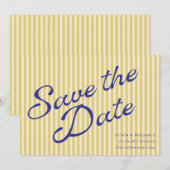 Save The Date Mariage Script Rayure Rétro Bleu Jaune Côtiers (Devant / Derrière)