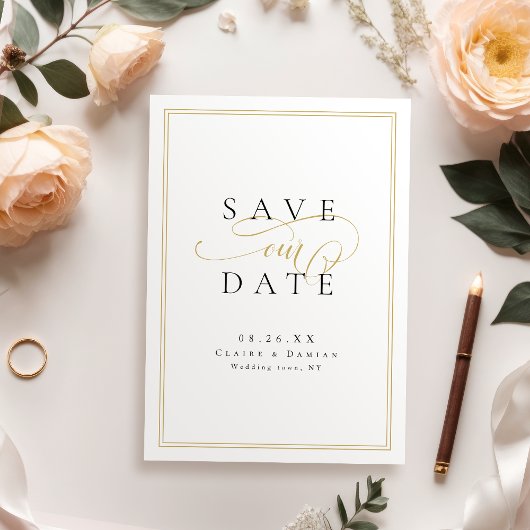 Save The Date Mariage Script Romantique Élégance Simple Or Noir