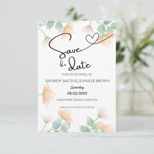 Save The Date Mariage semi-transparent aquarelle pêche et sauge (Debout devant)