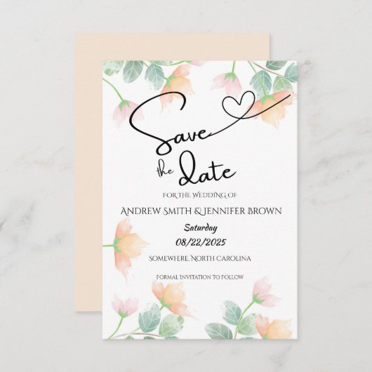 Save The Date Mariage semi-transparent aquarelle pêche et sauge (Devant / Derrière)