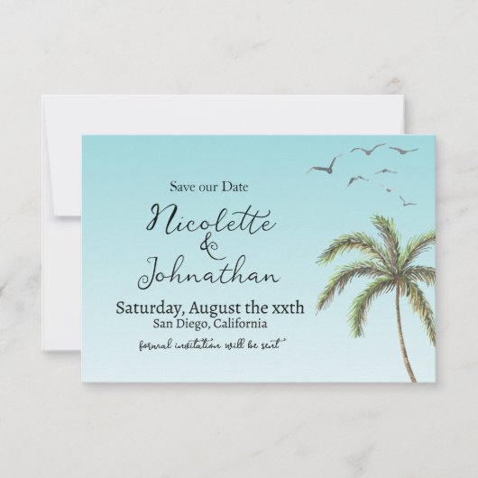 Save The Date Mariage Simple à la Plage avec Palmier et Oiseaux (Devant)