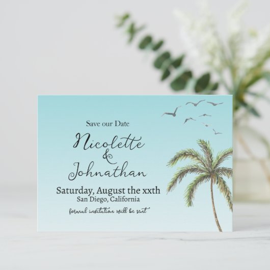 Save The Date Mariage Simple à la Plage avec Palmier et Oiseaux (Debout devant)
