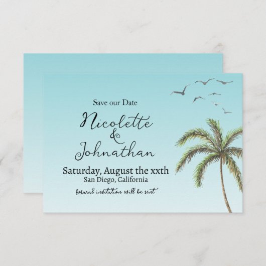 Save The Date Mariage Simple à la Plage avec Palmier et Oiseaux (Devant / Derrière)
