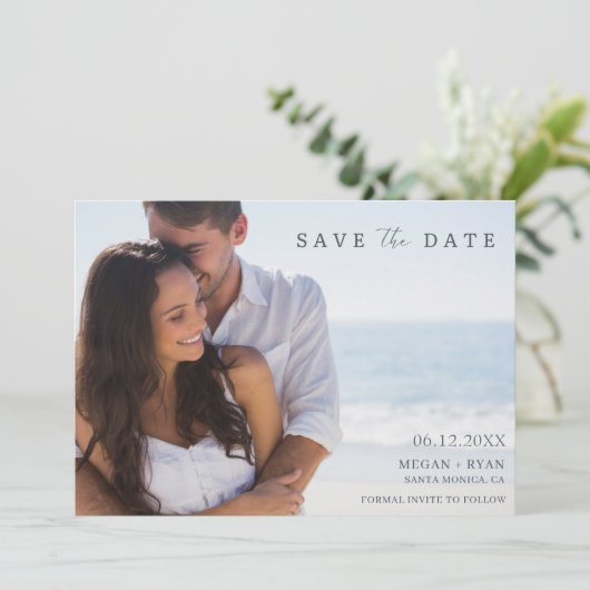 Save The Date Mariage simple à la plage photo (Debout devant)