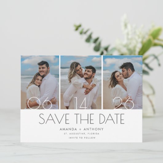 Save The Date Mariage simple à trois photos de plage (Debout devant)