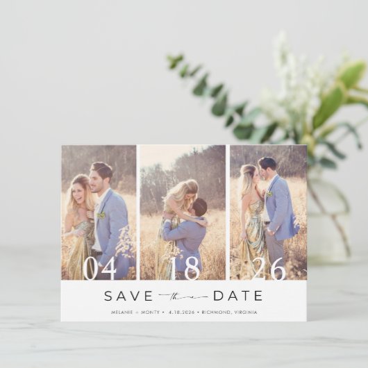 Save The Date Mariage simple à trois photos Enregistrer la date (Debout devant)