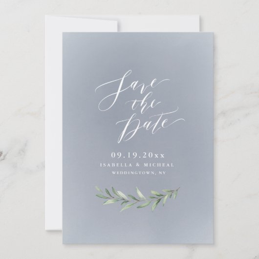 Save The Date Mariage simple calligraphie rustique verdure grise (Devant)
