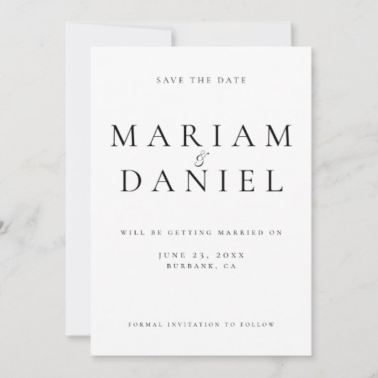 Save The Date Mariage Simple Élégant Écriture Noir et Blanc (Devant)