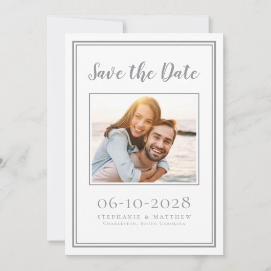 Save The Date Mariage Simple Engagement Photo Gris Blanc (Devant)