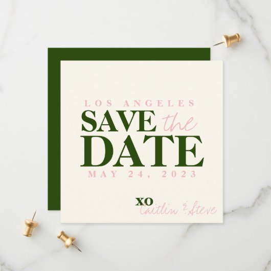 Save The Date Mariage simple et moderne vert et rose (Devant/Arrière en situation)