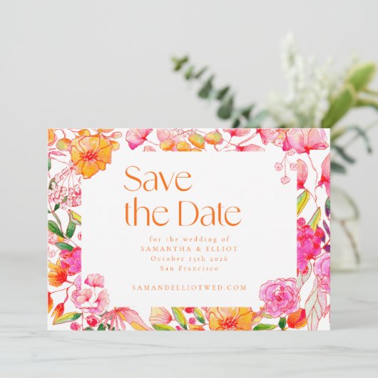 Save The Date Mariage Simple Fleurs Orange Rose Moderne (Debout devant)