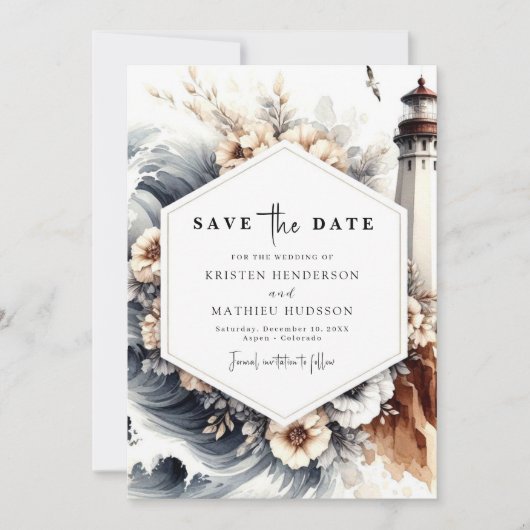 Save The Date Mariage simple Ocean Chic Lighthouse (Devant)