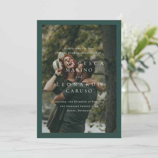 Save The Date Mariage Simple Photo Classique Vert Émeraude (Debout devant)