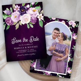 Save The Date Mariage sombre et mystérieux aux fleurs violettes