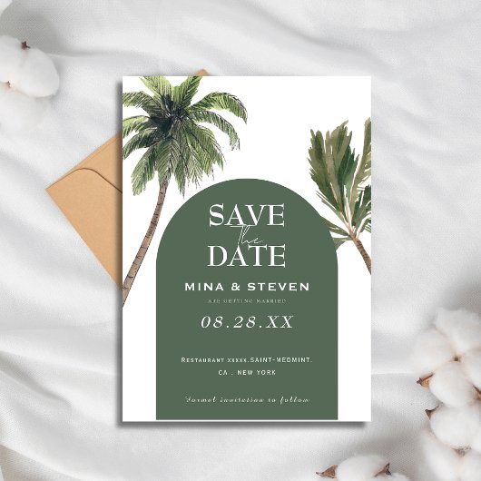 Save The Date Mariage sous l'arche de palmiers verts bohème