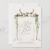 Save The Date Mariage sous un dais rustique en bois et feuillage (Devant)