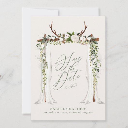 Save The Date Mariage sous une verrière rustique en bois de cerf (Devant)