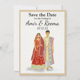 Save The Date Mariage sud-asiatique illustré couple