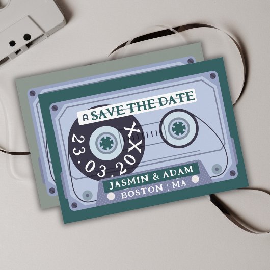 Save The Date Mariage sur cassette audio vert émeraude rétro