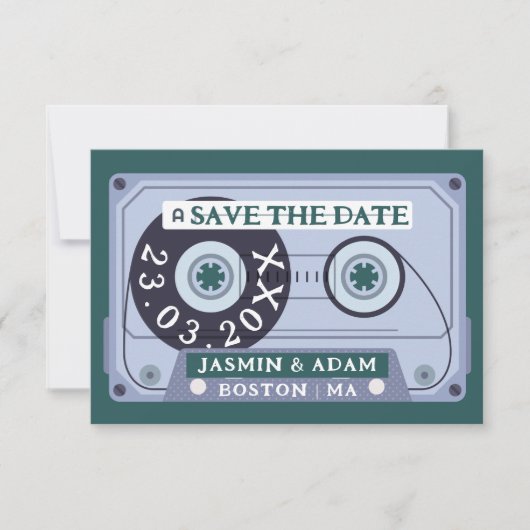 Save The Date Mariage sur cassette audio vert émeraude rétro (Devant)
