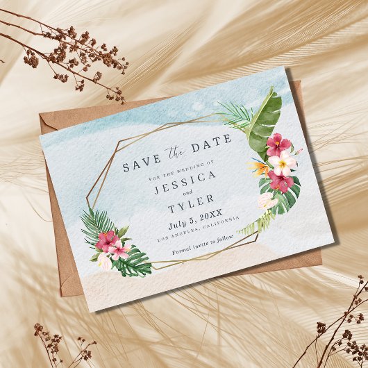 Save The Date Mariage sur la plage aux fleurs tropicales