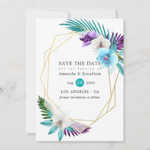 Save The Date Mariage sur la plage aux orchidées tropicales géom