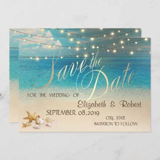 Save The Date Mariage sur la plage Coquillages Lumières  Save Th (Devant / Derrière)