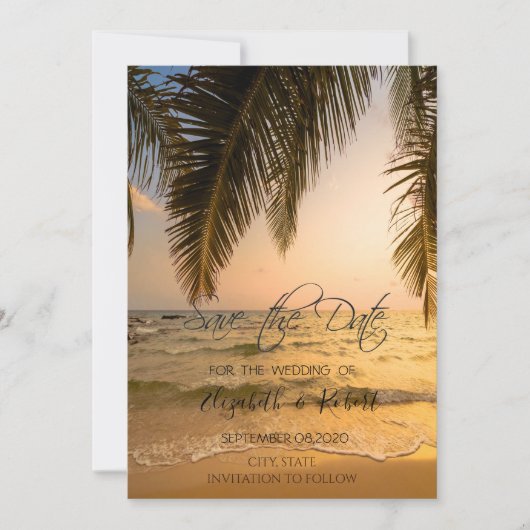 Save The Date Mariage sur la Plage, Coucher de Soleil aux Palmie (Devant)